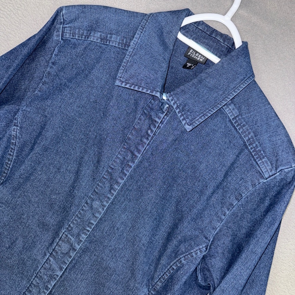 Eileen Fisher Denim Jacket Womens Medium Blue Stretch Cotton Snap Front USA